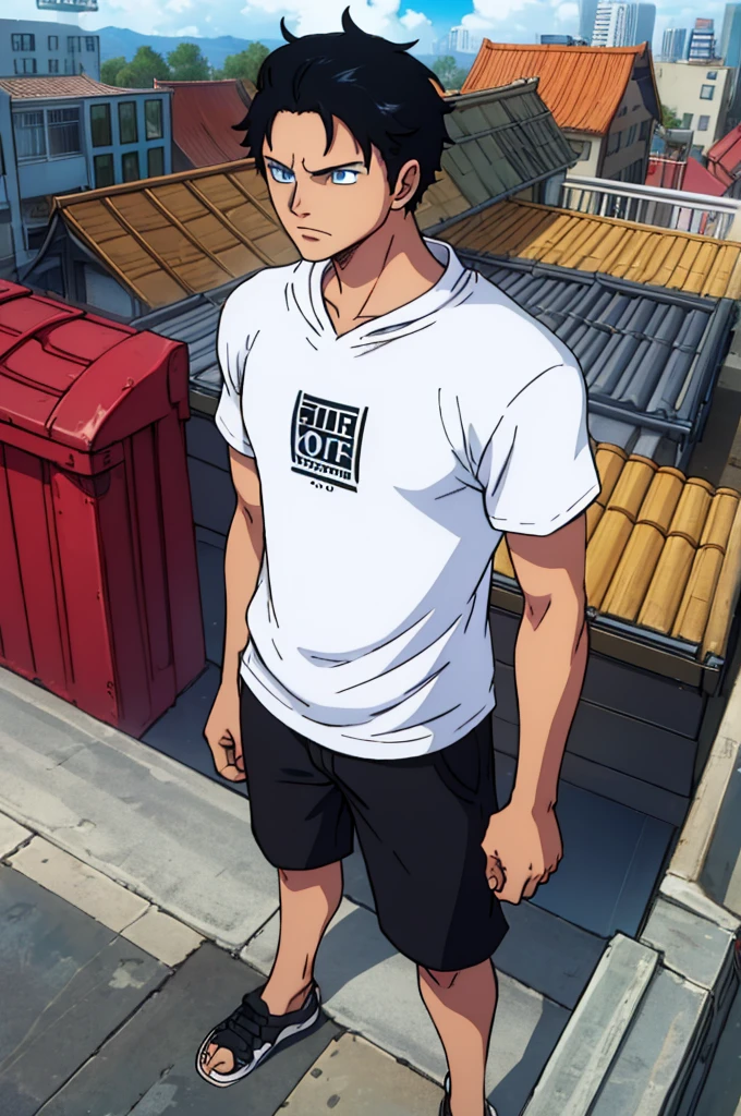 cute boy, solid body, dripping sweat, wearing short shorts, hands in pockets