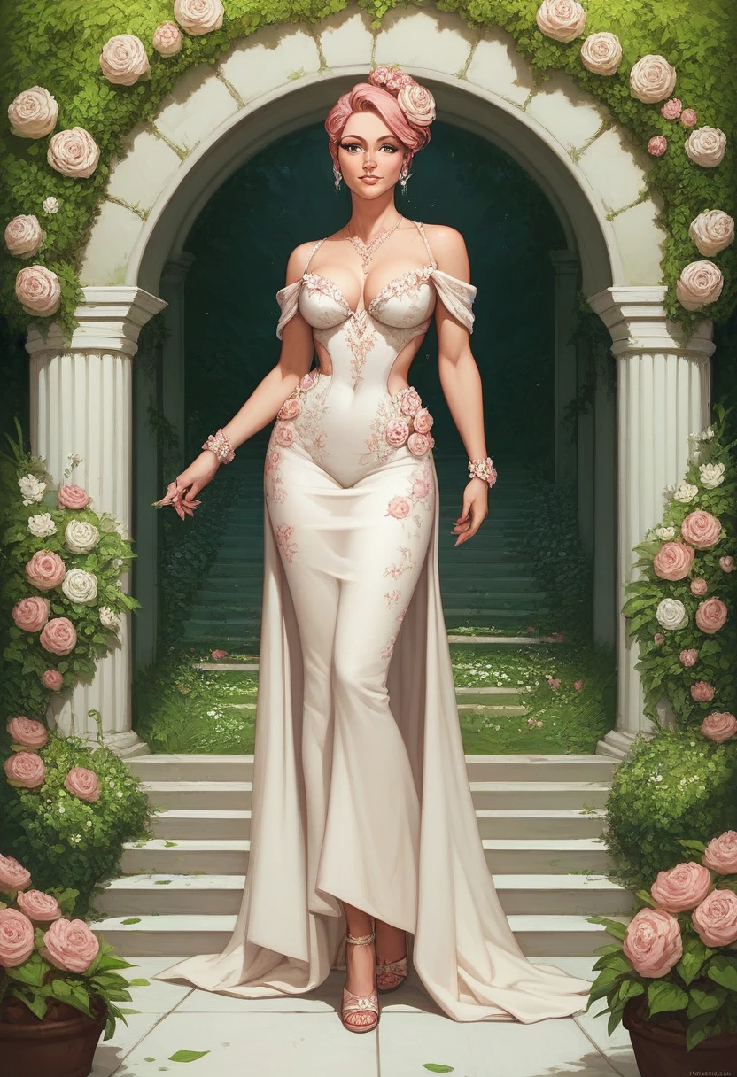 Beautiful girl standing in beautiful garden inspired clothing, her full body standing , high deffinition ,floral inspirated,flower inspirated clothing, pink,aesthetic