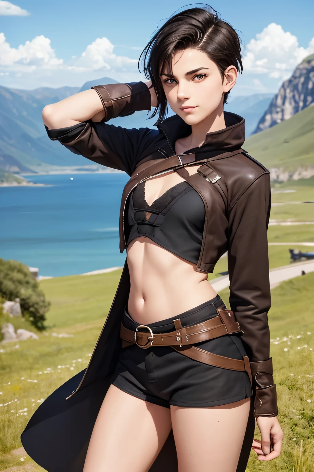 A warm-hearted young woman with an undercut in a fantasy setting. An adventurer and a ranger. Very androgynous looking. In a good mood. Sympathic. Tomboyish. Androgynous. Slim body. Very . Very small breasts. Wide hips. Thick legs. Face: Extremly pale skin with liverspots and freckles. Soft narrow face with a round chin. Soft small jaw. Big forehead. Very thin barely visible eyebrows. Upturned big dark-brown eyes. Dark-brown eyecolour. Very long and wide nose. Big curved lips. Very short dark-brown hair. A boyish short haircut. Undercut. Sides shaved. A tight fantasy outfit of a lonley adventurer and ranger. Background: green meadow and a blue sky. 