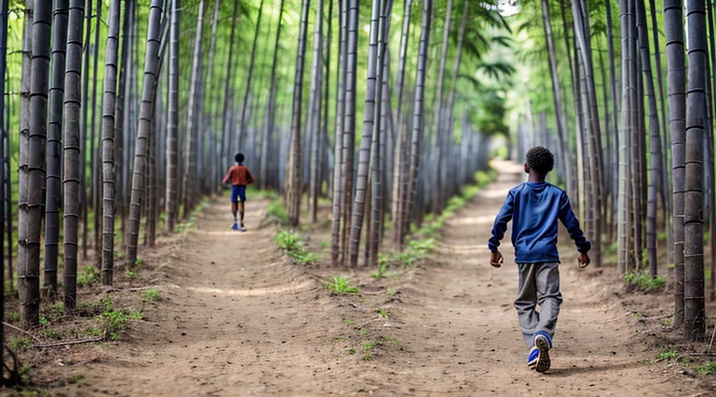 image of a black male teenager, 12 years old - wearing a dark gray long-sleeved shirt = no print - short curly hair - long pants and straw sandals, - running with his back to the camera - alone on the trail - next to him a Blue morpho butterfly - running after the butterfly in the bamboo forest
