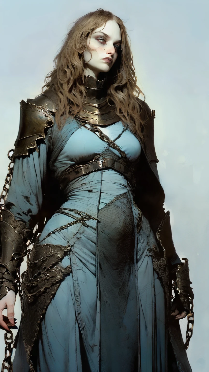 European woman, (((wide hips))), 8k, absurd res, ((wide eyes)), flawless face, girl with a soft body, ((chubby)), same girl, 1girl, average mature body, natural body, ((super wide hips)), full body image, 1girls, solo, masterpiece, highly detailed, flawless eyes, expressive detailed eyes, pale skin, wide eyed, detailed pupils, realistic skin, some freckles, realistic skin texture, ((small breasts)), blushing, super detailed skin, smooth background, shy face, analog style, (chin length hair), ((pale blue wavy hair)), dark blue wallpaper, (broad fat hips), grasping for the viewer, ((wearing a chainmail armor)), dark moody atmosphere, (full body image), (metal greaves and gauntlets) 