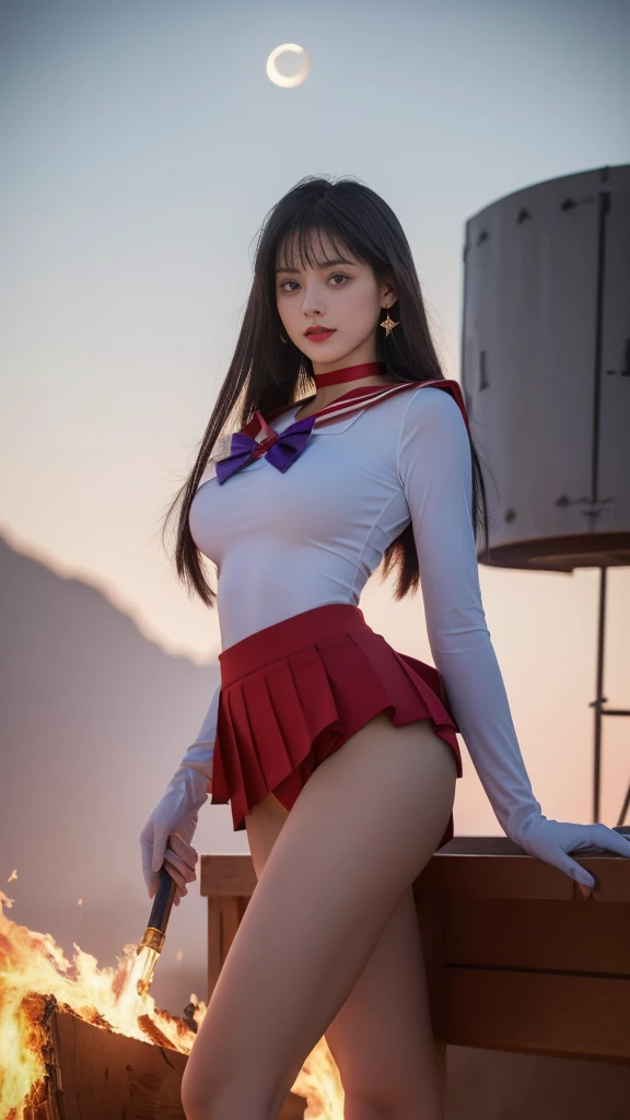 masterpiece, full: 1.5, stand, 8K, 3d, Realistic, Ultra-microphotography, Highest quality, Super Detail CG Unity 8K Wallpaper, From below, Intricate details, (1 female), 18-year-old, Shiny crimson plated mini skirt: 1.4,(Same 1, tiara, Sailor Warrior Uniforms, White gloves, Red Sailor Collar, Red Skirt, Sailor Warrior Uniforms: 1.2, Sailor Mars: 1.2, Meishaon), Incredibly long and straight purple-black hair: 1.2, Beautiful straight long hair shines: 1.2, Sailor Warrior Uniforms, ((A very large purple ribbon in the center of the chest: 1.4, 額に金色のtiara: 1.5, Red gloves on elbows: 1.1, Shiny crimson color with luxurious gold decoration: Enamel Long Knee High Boots: 1.3, Deep crimson collar, Deep crimson sailor collar, Long white latex gloves with luxurious gold embellishments: 1.3, A very large red ribbon on the back of the waist: 1.1, Red choker, Cleavage looks sexy bold and big, Red star earrings)), Mars
Very long hair, Parted bangs,(Captivating smile, Very cute face, Facial details: 1.5, Bright purple eyes, Beautiful Face, Beautiful Eyes, Shining Eyes, Thin lips: 1.3, Thin, sharp, pale eyebrows, Long, black eyelashes, Double eyelashes), Luxury gold jewelry, Huge white wings, Lean and muscular, Muscular Abs, Small face, Huge breasts, Perfect proportions, Narrow waist, Sexy model posing, 毛穴が目stand, Perfect hands: 1.5, (Ultra-thin, high-gloss white holographic leather), Bold and sexy sheer high leg swimsuit, Combat Stance, Octane Rendering, A very dramatic image, Strong natural light, sunlight, Exquisite lighting and shadows, Dynamic Angle, Digital SLR, Sharp focus: 1.0, Maximum clarity and sharpness, (Burning space background, Dynamic flames in the background, Burning Man: 1.2, fireball, spark, Dynamic Fire, Burning Hair, Dynamic Frame, Mars, moonlight, moon, Dynamic Background, Detailed Background), Sensual look, Highly detailed face, Highly detailed lips, Fine grain, double eyelid, Top Quality, 4K, High Resolution, Masterpiece:1.2, Highly Detailed,(Front:1.9),(Realistic, Realistic, Graphic:1.6), Overflowing Breasts (w/oh good) (small beautiful hard nipples),Big Tits: 2.0,, Drooping Breasts,8K,Low Angle Shot,Crisp,Film Lighting,(Very Detailed),(Written Border Depth:1.5)