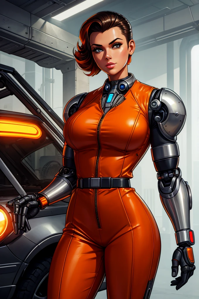 gorgeous mechanic, atompunk, blank background, retro-futurism, mechanical hand, cybernetic augments, orange jumpsuit, gunmetal grey