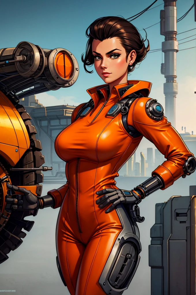 gorgeous mechanic, atompunk, blank background, retro-futurism, mechanical hand, cybernetic augments, orange jumpsuit, gunmetal grey