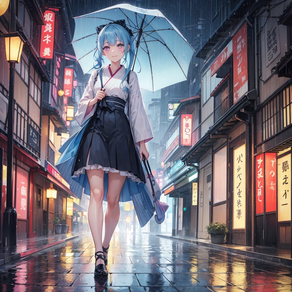 sky Blue hair, (braided ponytail),(pink eyes),fair skin ,(full body),(1 girl),smile,Straight Bangs,(masterpiece, best quality, ultra-detailed, best shadow), (detailed background), (beautiful detailed face), high contrast, (best illumination, an extremely delicate and beautiful), ((cinematic light)), colorful, hyper detail, dramatic light, intricate details,Walking in the rain with an umbrella,noon,colorful umbrella,bright,rain shower,kyoto,Japanese Umbrella,