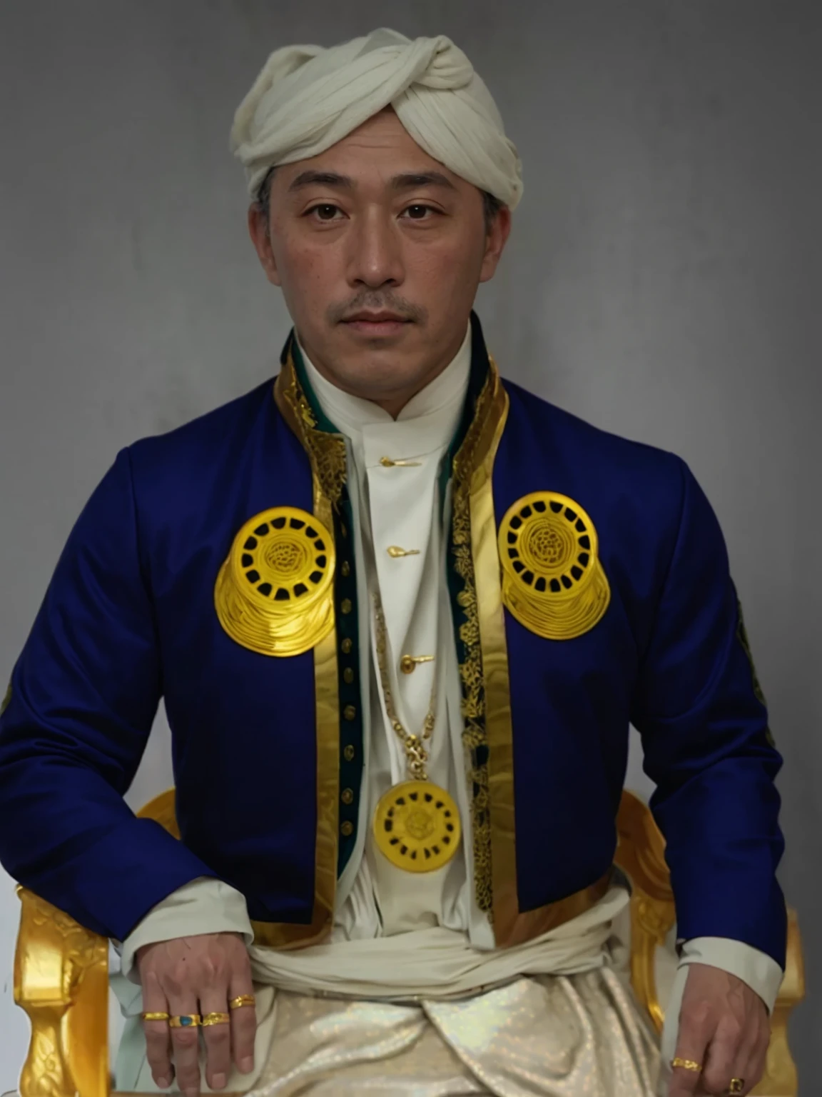 Make this photo look realistic and detailed, there is a man in a turban and a green shirt, 48 years old man, inspired by Altoon Sultan, ottoman sultan, close portrait, historic portrait, raden saleh, portrait of a yari ashigaru, 1 8 0 0 s soldier, portrait n - 9, restored color, portrait image, realistic restored face, portrait still detailed, very detailed potrait, realistic portrait photo, close up potrait, profile portrait, very detailed face, very realistic face, very perfected face, very detailed clothes, very realistic clothes, very perfected clothes