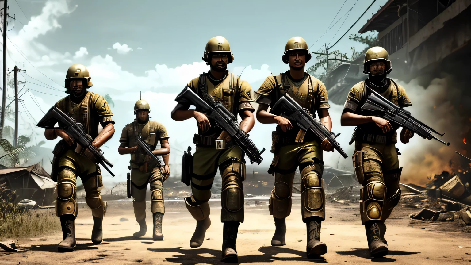 fallout, indonesia theme, post-apocalyptic, jakarta, nation, identic, vernacular, authentic, realistic, indonesia, fallout 4 style, a group of indonesian soldier fighting, detailed