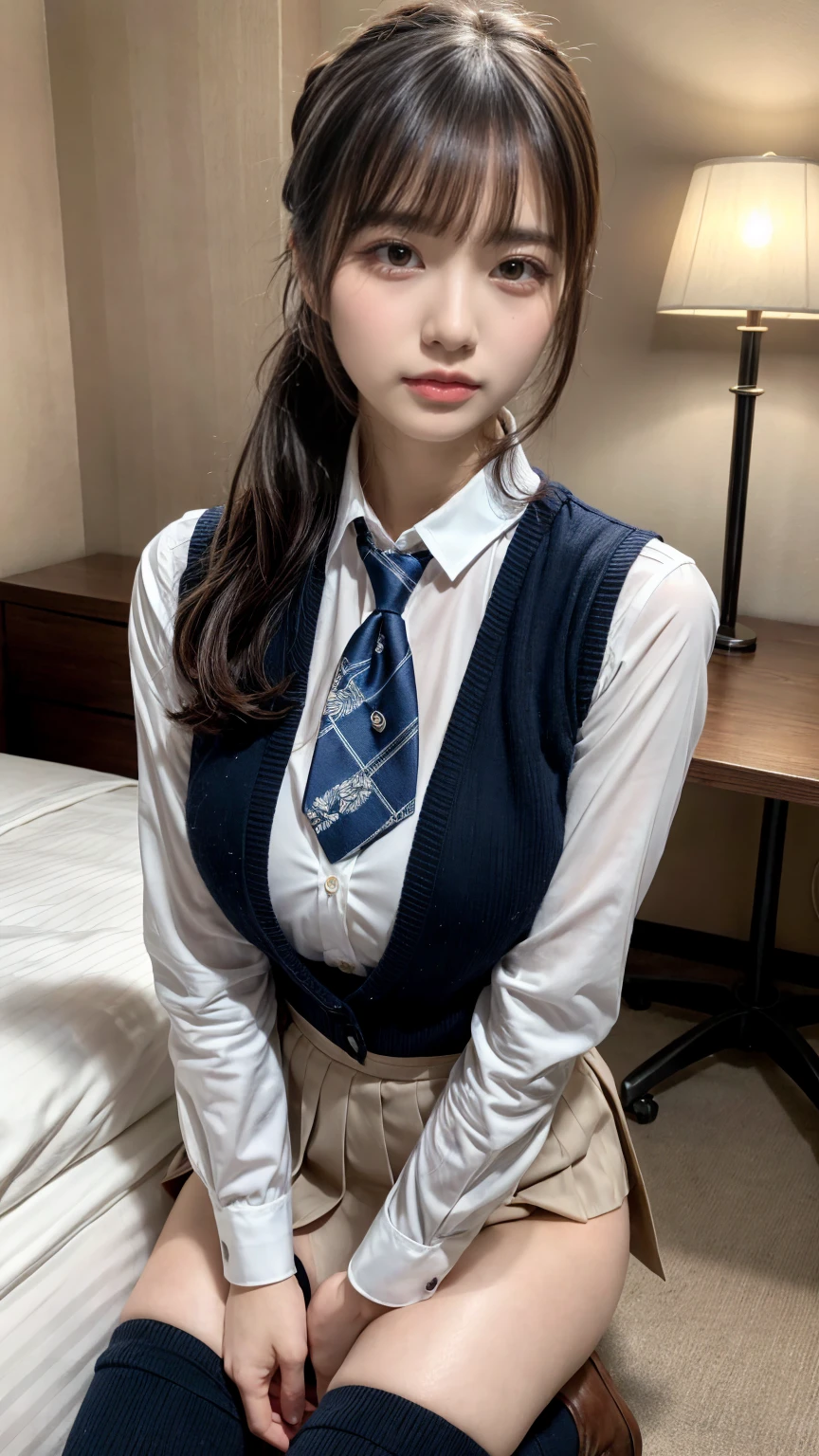 (8K, RAW Photos, Highest quality, masterpiece:1.2), masterpiece, super detailed, super high quality, (Realistic and photorealistic photography:1. 37), High-resolution RAW color photos, Very delicate and beautiful, highly detailed, 8k wallpaper, wonderful, detailed, Very eye, very detailed, very detailed skin, very thin fingers, very detailed nose, very detailed mouth, Perfect Anatomy, BREAK,18 year old girl, (Front view:1.2), ponytail, huge breasts, colossal tits, very huge round breasts, (perfect body shape:1.1), Big Natural Color Lip, cute type, ta, (Details High quality, realistic depiction of eyes:1.3), Beautiful makeup, glitter makeup, BREAK, skirt, socks, black socks, pleated skirt, kneehighs, white shirt, blue necktie, long sleeves, vest, collared shirt, BREAK, (hotel room:1.1), bold sexy pose