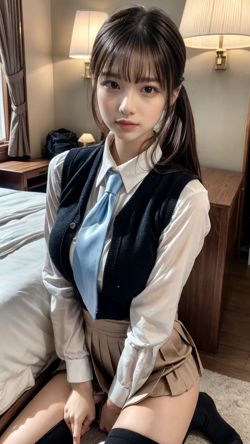 (8K, RAW Photos, Highest quality, masterpiece:1.2), masterpiece, super detailed, super high quality, (Realistic and photorealistic photography:1. 37), High-resolution RAW color photos, Very delicate and beautiful, highly detailed, 8k wallpaper, wonderful, detailed, Very eye, very detailed, very detailed skin, very thin fingers, very detailed nose, very detailed mouth, Perfect Anatomy, BREAK,18 year old girl, (Front view:1.2), ponytail, huge breasts, colossal tits, very huge round breasts, (perfect body shape:1.1), Big Natural Color Lip, cute type, lolita, (Details High quality, realistic depiction of eyes:1.3), Beautiful makeup, glitter makeup, BREAK, skirt, socks, black socks, pleated skirt, kneehighs, white shirt, blue necktie, long sleeves, vest, collared shirt, BREAK, (hotel room:1.1), bold sexy pose