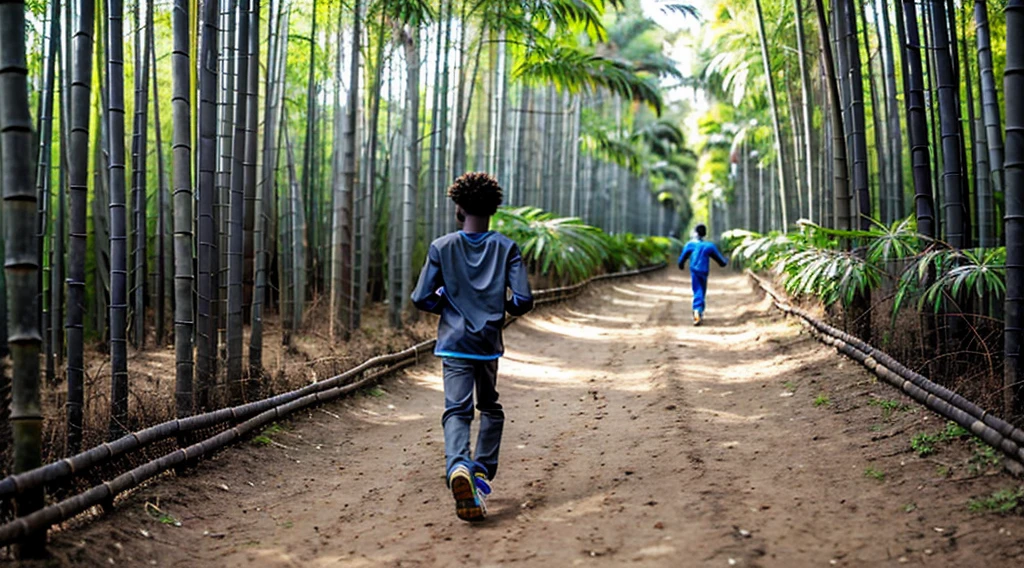 Image of a black teenager, 12 years old - wearing a dark gray long-sleeved shirt, short curly hair - long pants and straw sandals - looking sideways in the bamboo grove, running backwards alone on the trail - Image of two blue and black morpho butterflies - butterfly flying next to the running teenager - bamboo forest