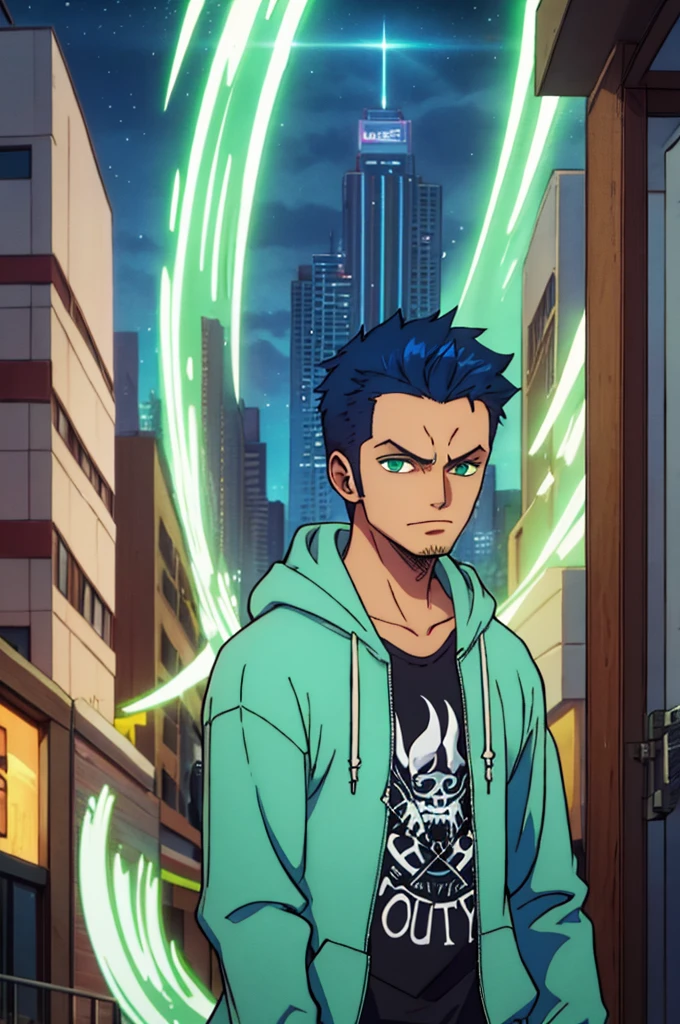 A man, blue hair and green eyes, short hairstylist, wearing a black hoodie, night, city, badass