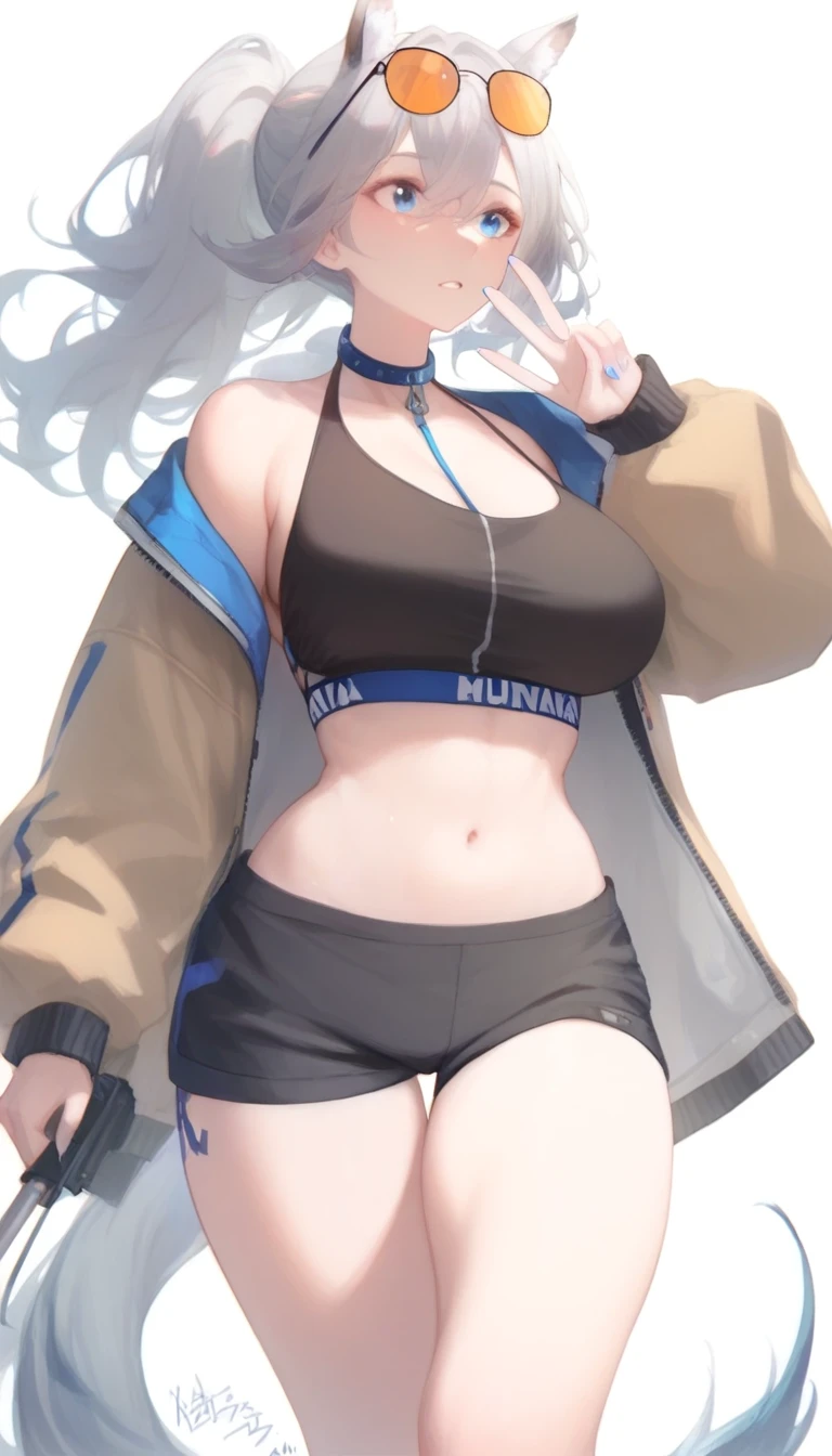 White and black bikini, number, woman in running shorts, 1girl, breasts, blue eyes, solo, animal ears, navel, V, big breasts, eyewear on head, ponytail, gray hair, jacket