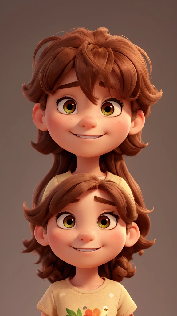 Create a Disney pixar style image.

### Detailed Description:

#### first-person (To the left):
- **body hair**: The first person has long, curly reddish-brown hair., almost redheads. Curls are well defined and voluminous, falling to his shoulders.
- **muka**: The face is oval, with delicate and well-defined strokes. The skin is clear and without visible marks.
- **eyeballs**: The eyes are big and brown, with thin, arched eyebrows that complement the shape of the face well.
- **nase**: The nose is small and delicate, proportional to the face.
- **gura**: The mouth is small with thin lips, forming a wide smile that shows white, aligned teeth.
- **vestimentas**: She is wearing a light pink blouse with a small fruit print. (probably peaches) and a light green dress on top, with wide straps and a bow on the left shoulder.

#### second person (on the right):
- **body hair**: The second person has short, curly black hair.. The cut is well defined, with a length slightly longer at the top and shorter on the sides.
- **muka**: The face is more square, with a well-marked jaw. The skin is light brown and also without visible marks. he has a beard and black hair - **eyeballs**: The eyes are medium size and dark brown, with thick, straight eyebrows that give a more serious and expressive look to the face.
- **nase**: The nose is straight and medium in size, proportional to the face.
- **gura**: The mouth is of medium size, with full, well-shaped lips. He's smiling too, showing white, straight teeth.
- **vestimentas**: He is wearing a beige t-shirt with a colorful print of tropical flowers and green foliage., orange and white.

### Additional Observations:
- **Environment and Lighting**: The photo was taken outdoors, probably at dusk, with direct sunlight that highlights the hair and faces of the two people, creating soft shadows and warm lighting.
