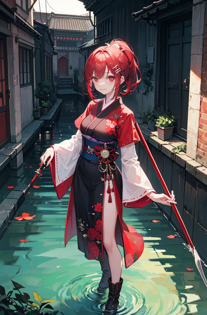 Brunette beauty。High ponytail,red hair clips,short detailed hair,Extremely tall,Wear red and white antique japanese clothes,Valkyrie,Brown belt,Brown boots,Red spear in hand,Standing in the antique courtyard,A bright smile,red pupils,Bare legged,Best quality at best,tmasterpiece,China-style,underground waterway,((dark place)),((dark place)),((dark place)),((dark place)),((Dark underground canals where light does not reach)),