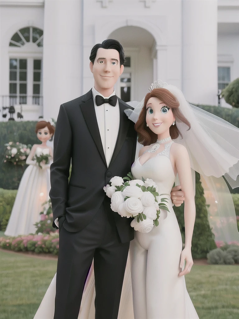 Disney pixar style bride and groom posing for a photo in front of a white house, bride and groom, white suit and black, an elegant couple, couple portrait, wearing a white tuxedo, couples portrait, wearing tuxedo
