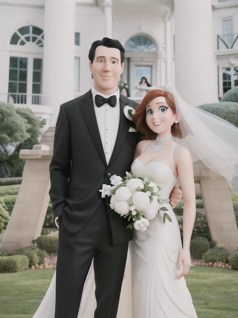 Disney pixar style bride and groom posing for a photo in front of a white house, bride and groom, white suit and black, an elegant couple, couple portrait, wearing a white tuxedo, couples portrait, wearing tuxedo