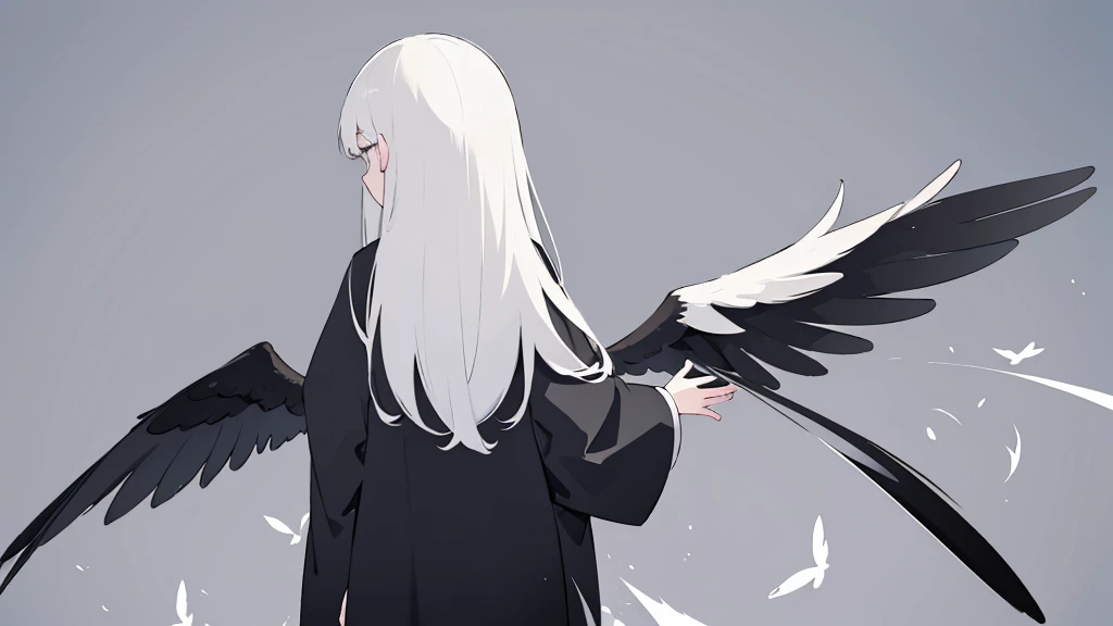 Woman standing with her back turned,Black wings on the back,Fluttering back,kimono,force,cool,Gray background
