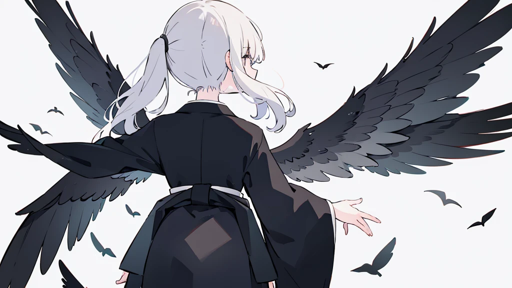 Woman standing with her back turned,Black wings on the back,Fluttering back,kimono,force,cool,Gray background