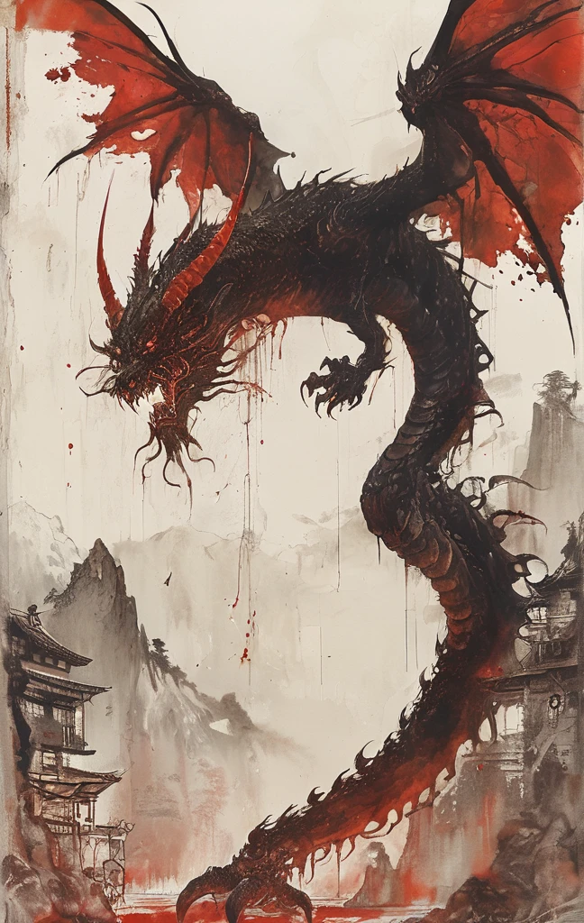 On a bright red campus"YES"Character、Draw a demonic creature with a strong, bloody face and bloody head, A huge dragon，There are a pair of huge dragon wings growing on their backs，Gigantic body，Huge tail with bone spurs，Science fiction horror art, sci-fi horror artwork, inspired by Aleksi Briclot, Fangs of the slaughter, horror fantasy art, Alexis Bricklot（Alexis Bricklot）, horror concept art, veneno, Fantasy and horror art, Detailed illustration of 4K horror, demonic creature, dark fantasy horror art