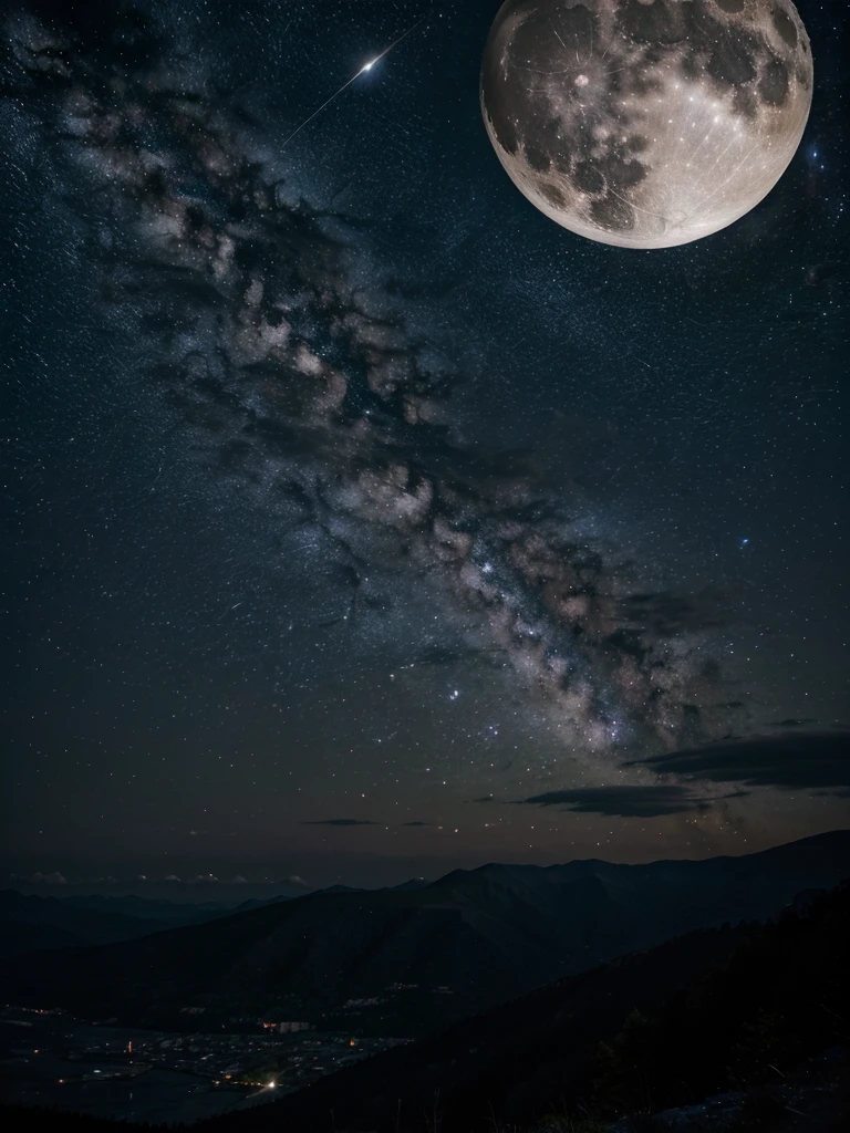 The movement of the moon in a moonlit night with the Milky Way galaxy
