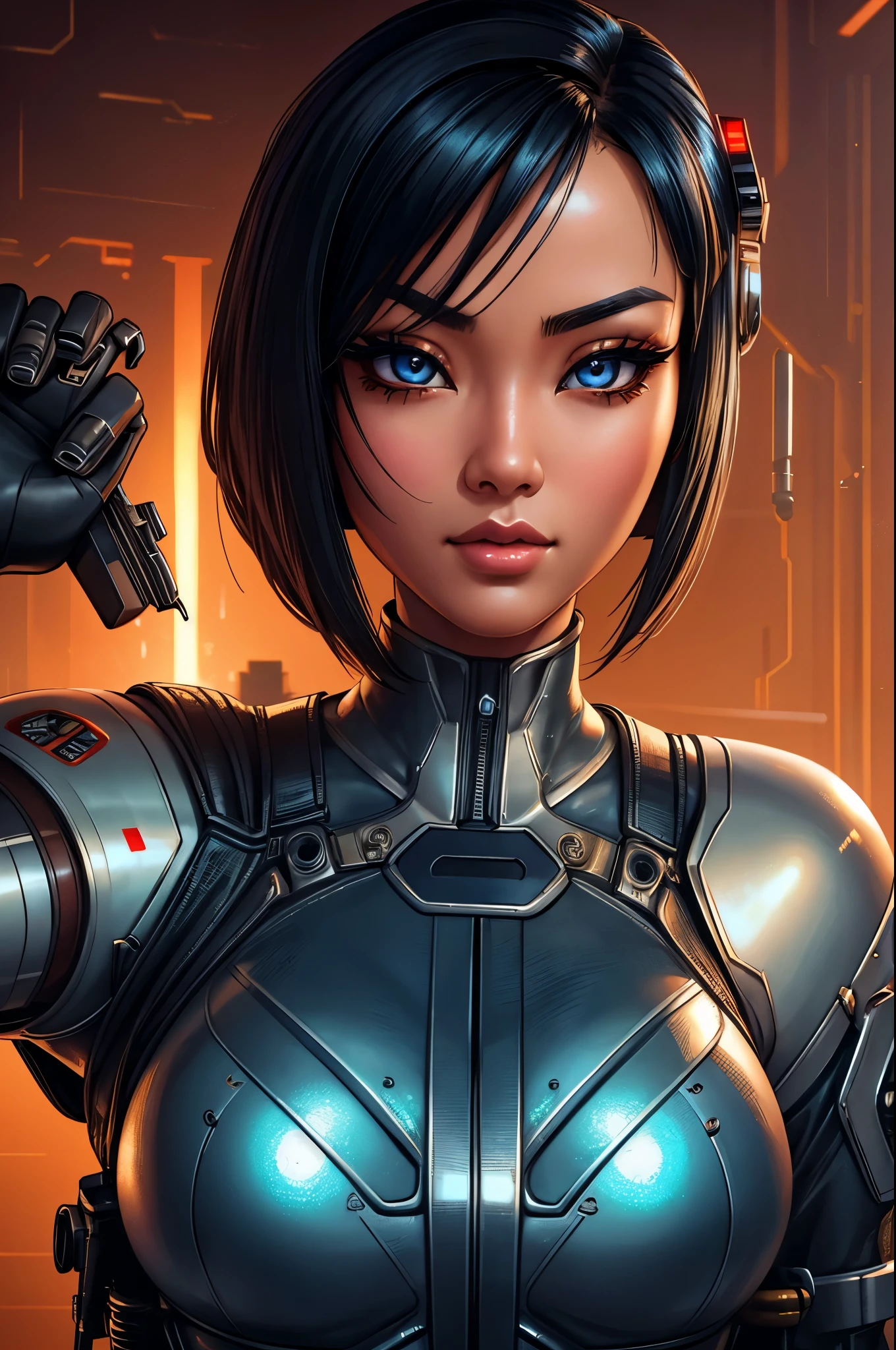 A gorgeous Asian woman with beautiful detailed eyes, extremely detailed face, longeyelashes, wearing a mechanic's outfit, cybernetic mechanical hand, in an atompunk style, retro-futuristic setting, blank background, photorealistic, 8k, hyper detailed, cinematic lighting, dynamic pose