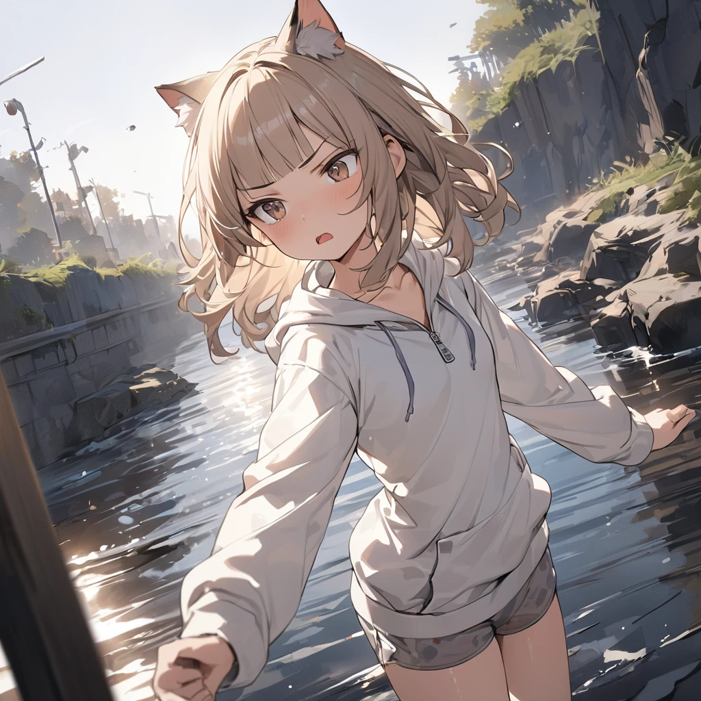 ((Masterpiece)), ((best quality)), (Anime), (RAW photo:1.2),(High Definition:1.3), (Professional Photography:1.2), (()), , (cinematic lighting), Very messy medium hair, (slightly exposed small chest), Beautiful , (cheep camisole top), oversized white camisole, Cute boxer shorts, Slender body, (Dancing), Sweaty skin, (smug:1.3), Textured skin, Cat ears, Pale brown hair, Cute Beautiful Girl, BREAK, ((best quality)), rusty tunnel, ((inside the creepy tunnel))