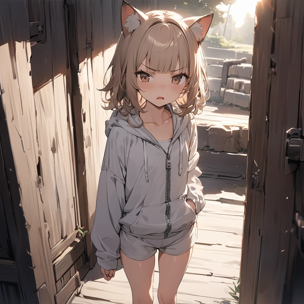 ((Masterpiece)), ((best quality)), (Anime:1.3), (super detail:1.2),(High Definition:1.3), (Professional Photography:1.2), (wide shot), (sharp focus), (perfect light), (()), (morning), messy medium hair, Beautiful collarbone, (cute hoodie with zipper), white tanktop, cute boxer shorts, (Healthy slim body), (loose blunt bangs), Slender body, glossy skin, (annoyed look), open mouth, ((Beautiful brown eyes)), Textured skin, (Cat ears), Pale brown hair, Cute Beautiful Girl, (slightly exposed small chest), BREAK, ((best quality)), Dynamic angles, ((escaping)), standing on the riverside, (sharp focus), perfect hands, (perfect light),