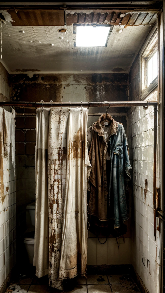 Abandoned bathroom, broken mirror with moisture stains, sink and bathtub with rust and stagnant water, dirty and cracked tiles, old and dirty towels hanging on hooks, broken toilet with mold marks, a small window covered in dirt where hardly any light comes in