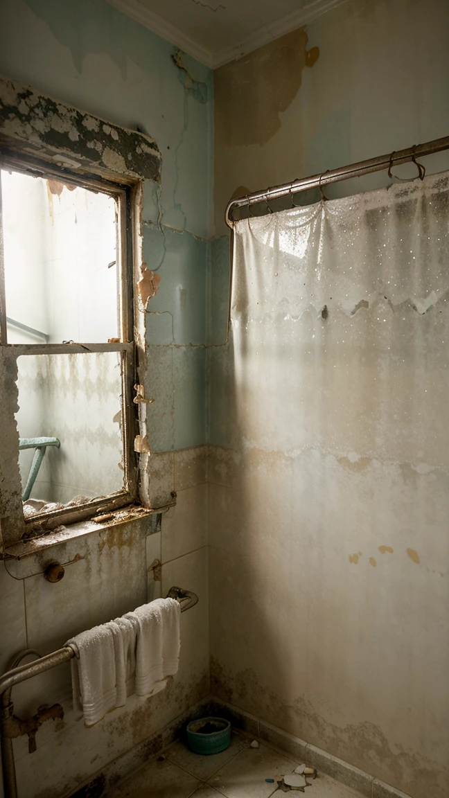 Abandoned bathroom, broken mirror with moisture stains, sink and bathtub with rust and stagnant water, dirty and cracked tiles, old and dirty towels hanging on hooks, broken toilet with mold marks, a small window covered in dirt where hardly any light comes in