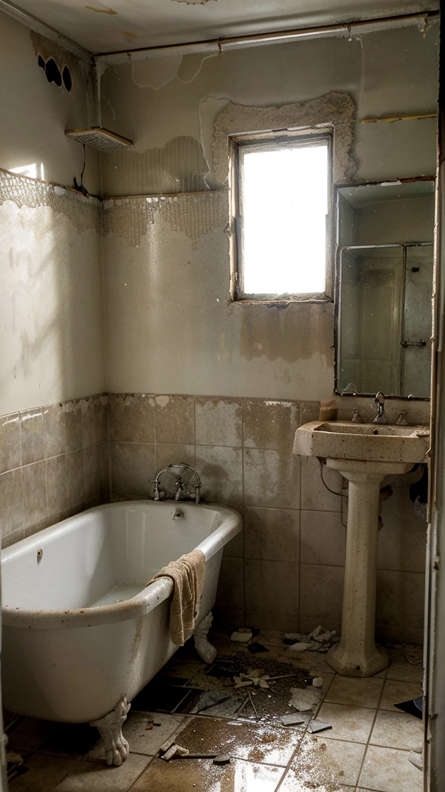 Abandoned bathroom, broken mirror with moisture stains, sink and bathtub with rust and stagnant water, dirty and cracked tiles, old and dirty towels hanging on hooks, broken toilet with mold marks, a small window covered in dirt where hardly any light comes in