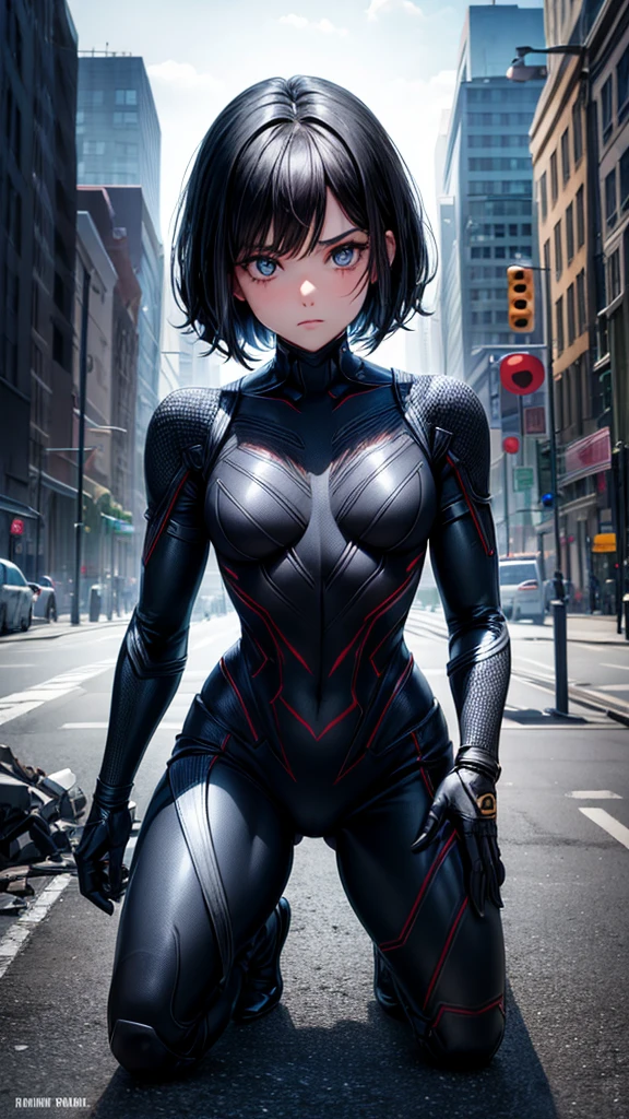 ((Best quality))((realistic))((full body))((face detail))A girl. Short black hair. Dark Venom suit . dark . Marvel . City destruction. Symbiotic