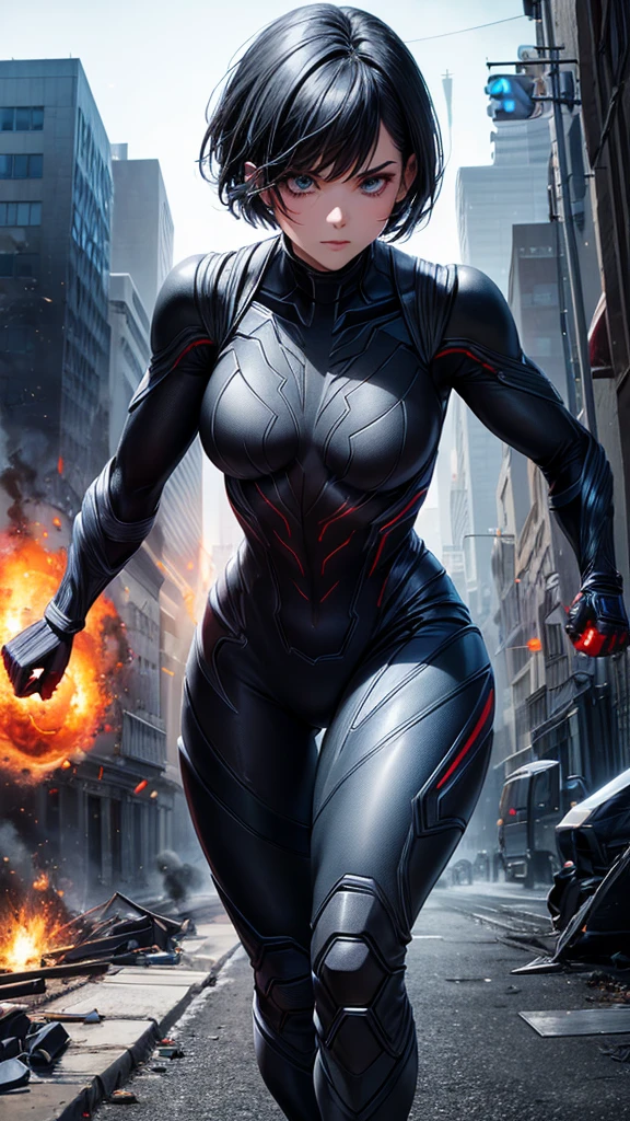 ((Best quality))((realistic))((full body))((face detail))A girl. Short black hair. Dark Venom suit . dark . Marvel . City destruction. Symbiotic
