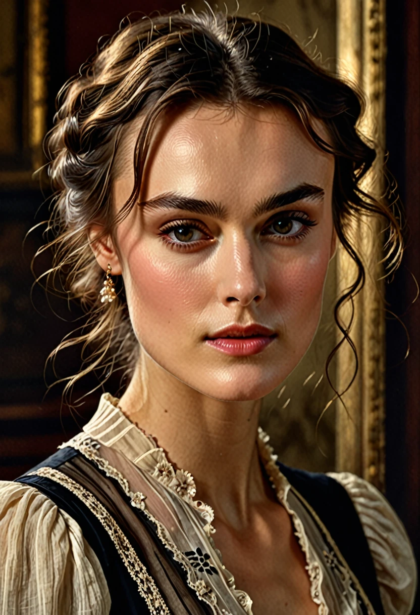 1890s bloomers, keira knightley, beautiful detailed eyes, beautiful detailed lips, extremely detailed eyes and face, long eyelashes, historical fashion, portrait, victorian era, cinematic lighting, dramatic shadows, oil painting, warm color palette, chiaroscuro style, (best quality,4k,8k,highres,masterpiece:1.2),ultra-detailed,(realistic,photorealistic,photo-realistic:1.37)