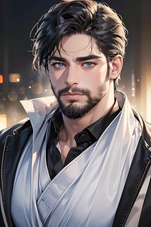 (best quality,4k,8k,highres,masterpiece:1.2),ultra-detailed,(realistic,photorealistic,photo-realistic:1.37),30 year old man,3 day beard,handsome anime,portraits,strong,masculine,dark hair,sharp jawline,mesmerizing eyes,perfectly styled hair,cool anime outfit,confident expression,vibrant colors,dynamic lighting