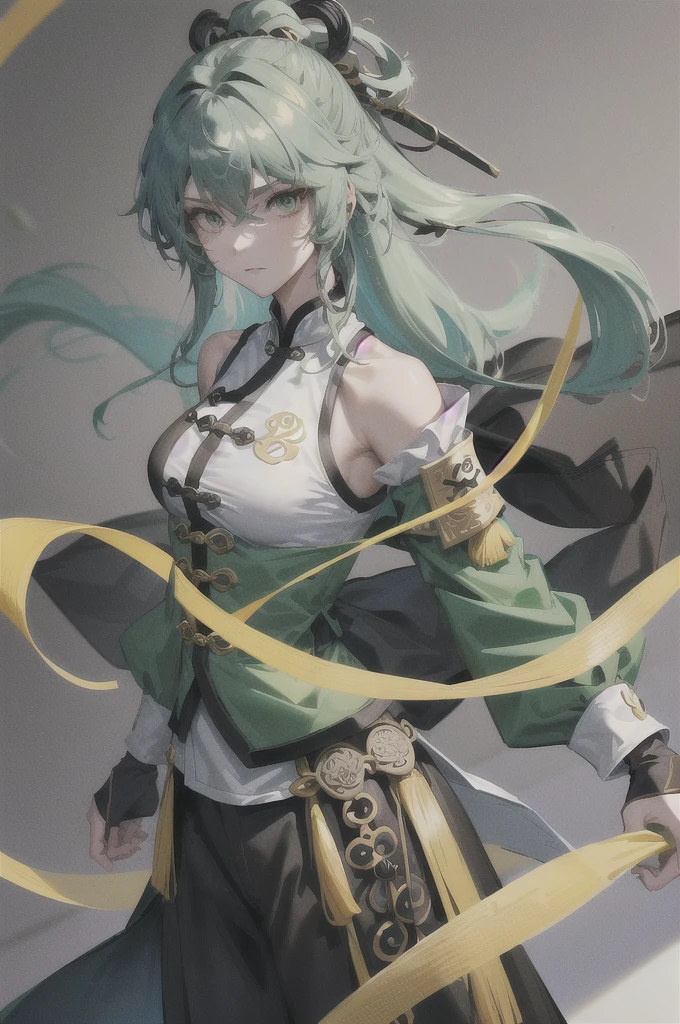 an Adult female, strong, green eyes, long hair, smoky color hair, resolute eyes, white Taoist Taoist uniform, black accessories, sarashi, one shoulderancient, Chinese mix morden, 8K, ultra HD, HDR, Masterpiece, Best quality, blank background, remove background