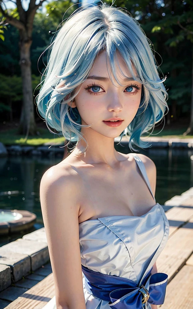Furina from Genshin Impact, 18 years old girl, (Raw photo, Best Quality), (Realistic, Photorealsitic:1.3), masterpiece, Extremely delicate and beautiful, Soft light, (beautiful white and blue hair, Shoulder-length straight hair swaying in the wind), Beautiful detailed girl, (Detailed fingers), extremely detailed eye and face, beautiful detailed nose, Beautiful detailed eyes, 1 girl, Japanese, Neat and clean beauty, Cute, young, (big breasts), Realistic face, Realistic body, cute smile