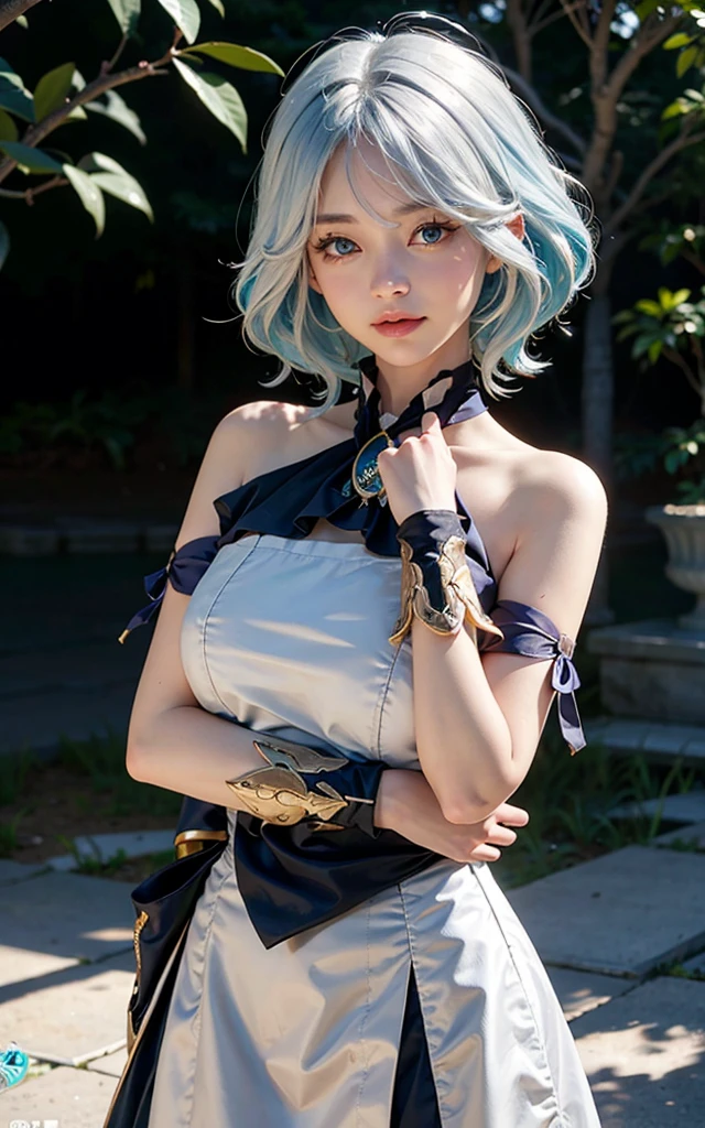 Furina from Genshin Impact, 18 years old girl, (Raw photo, Best Quality), (Realistic, Photorealsitic:1.3), masterpiece, Extremely delicate and beautiful, Soft light, (beautiful white and blue hair, Shoulder-length straight hair swaying in the wind), Beautiful detailed girl, (Detailed fingers), extremely detailed eye and face, beautiful detailed nose, Beautiful detailed eyes, 1 girl, Japanese, Neat and clean beauty, Cute, young, (big breasts), Realistic face, Realistic body, cute smile