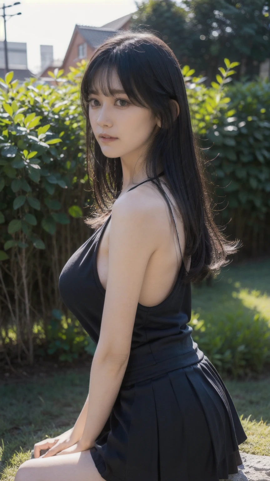 21 years old female, long hair, RAW photo, bokeh (realism: 1.4, realistic), high detail CG unified 8K wallpaper, 1girl, ((slim body)), ((skinny)), ((natural big breast:1.3)), back to viewer, ((direct view from the front)), (HQ skin: 1.4), 8k uhd, dslr, soft light, high quality, film grain, Fujifilm XT3, ((knit tank top, black short skirt)), ((outdoor, at park))) jangjoo, portrait,((Layered long Haircut, black hire)),(looking at viewer:1.4),(Full body:1.4), (((height:163cm))), crossed arms, (((sitting))), (((draw perfect legs)))