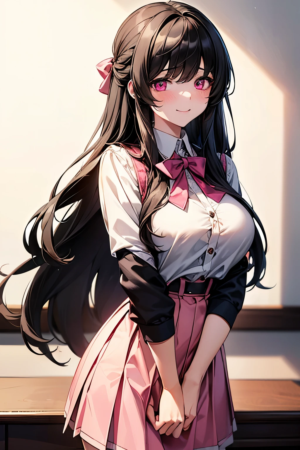 (best quality:1.1), (Masterpiece:1.2), lady, long hair, black hair, Hair bow, pink eyes, big breasts:1.2, beautiful, cute, Bright face, Good mood, high school girl, student uniform set, Sweating, ((Highest quality, Best Performance, Maximum details, Light and shadow details:1.2, 4k details))