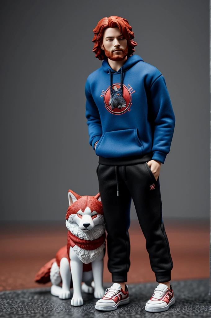 Collectible figure of furry red-haired wolf with closed eyes blue sweatshirt with black, black pants and red tennis shoes