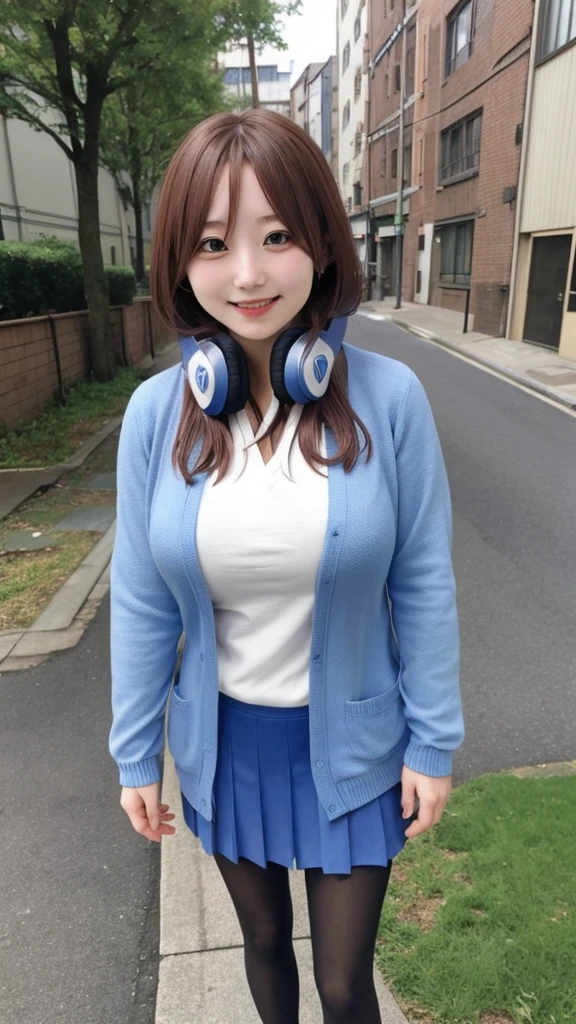 nakano_miku, long hair, hair between eyes, headphones, headphones around neck, long sleeves, shirt, white shirt, cardigan, blue cardigan, skirt, pantyhose, gigantic breasts, outdoors, smile, looking at viewer, full body, idle