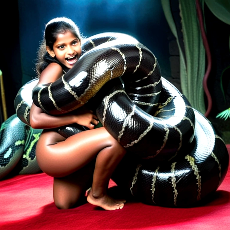  Happy Horny, aroused 1girl), beautiful kneeling Indian young  girl  with  giant colossal black titanboa monster  squeezing her hard, wrapped in thick spiraling coils, constricted, struggle, gasping for air, snake attack, snake peril, moonless night, dim light