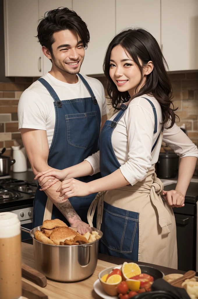 Create a couple in a kitchen she looks dirty at him while he smiles at her they are both wearing aprons