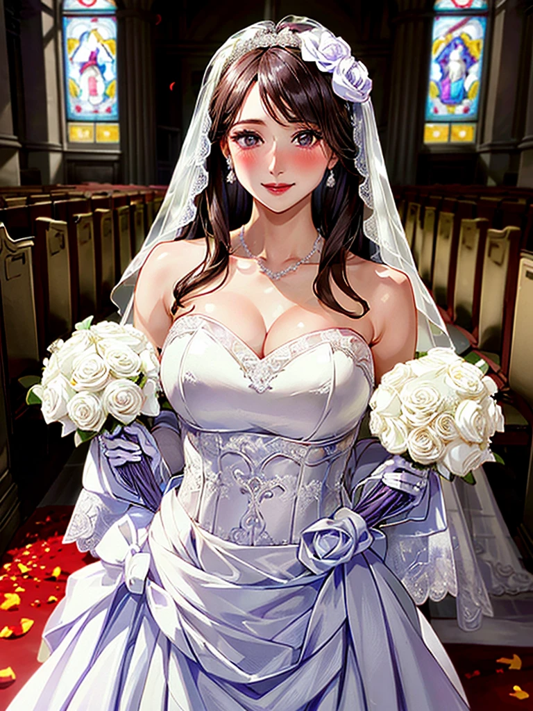 (masterpiece:1.3, top-quality, ultra high res, ultra detailed), (realistic, photorealistic:1.4), beautiful illustration, (natural side lighting, movie lighting), depth of fields,
looking at viewer, bust photo, uzumaki_kushina, perfect face, (perfect anatomy), cute and symmetrical face, baby face, shiny skin, slender
(long hair:1.8, straight hair:1.2) hair over one eye, purple eyes, pink lips, long eye lasher, (large breasts:1.3), 
beautiful hair, beautiful face, beautiful detailed eyes, beautiful clavicle, beautiful body, beautiful chest, beautiful thigh, beautiful legs, beautiful fingers, 
detailed cloth texture, wedding princess dress, head flower, headdress, (bandeau wedding dress:1.5), (silk dress:1.2), (strapless wedding dress:1.5), 
plain white dress, necklace, earring, cleavage, bouquet, (lace gloves:1.2), (bridal veil:1.2), (short transparent veil:1.2), 
(beautiful scenery), evening, crystal clear sunlight, (church, stained glass) walking, (happy smile, blush), 