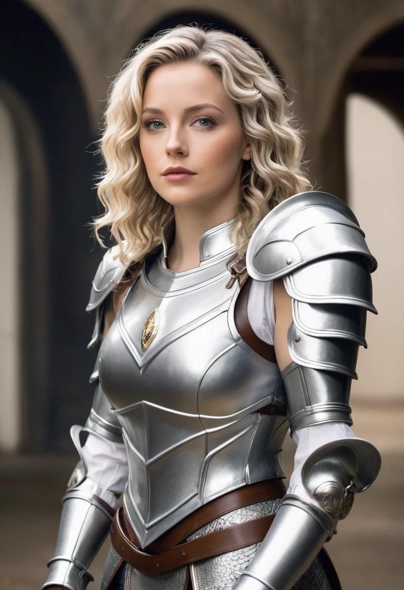 Laura is very beautiful wearing a silver armor she has blonde curly hair