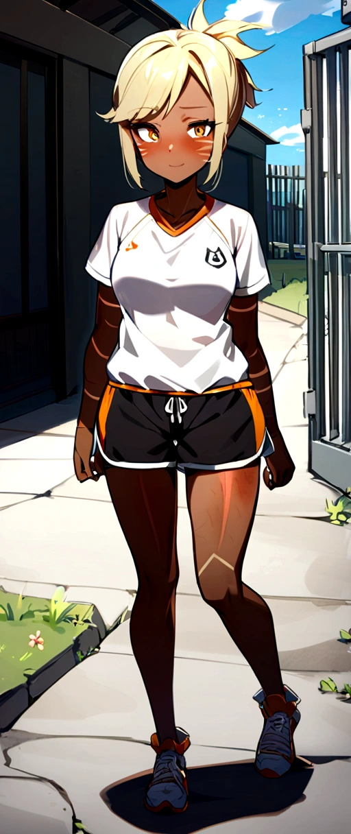 (Girl and Girl), 二人のgirl, girl, Play sports often, Bloomers, Shorts, A light smile, Blonde, Outdoor, pants, Thighs, ((Sunburned skin)), Dark Skin, prison, 