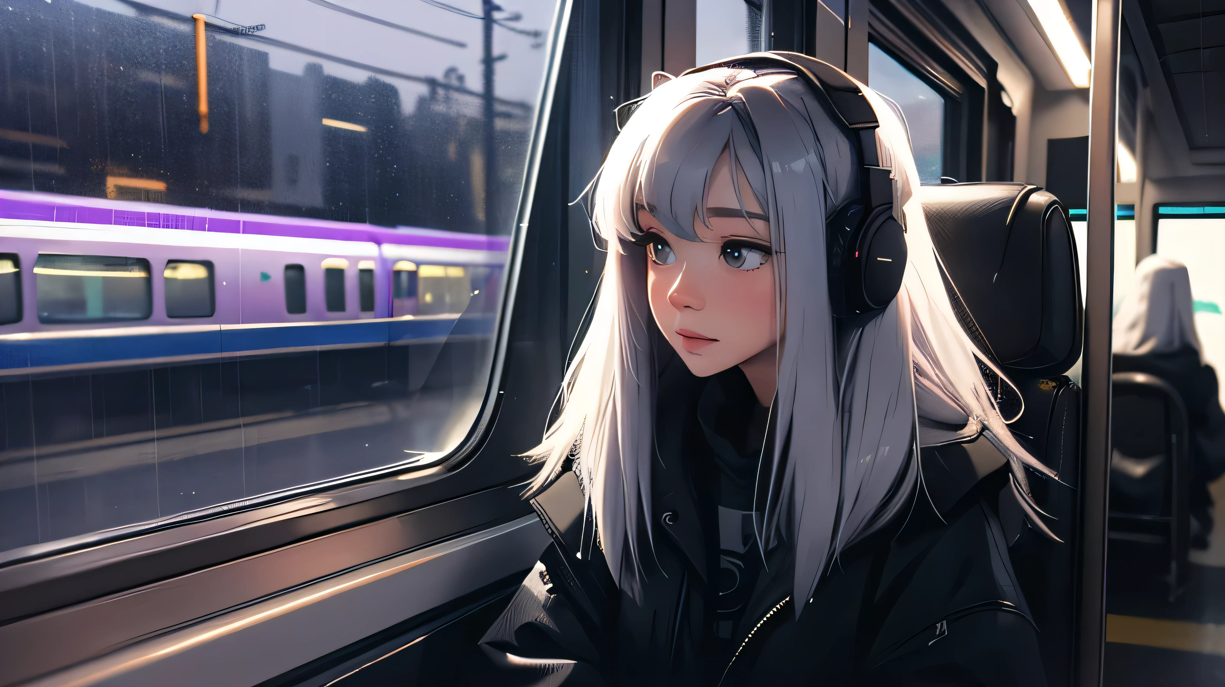train, Sitting by the window, meditation, Dark interior, My head is stuck in the glass., Put on your headphones, Highway passing scenery, Night Travel, Rainy night sky, beautiful girl, Ultra HD Portraits, (high quality) (Ultra Detailed) Observing a spectator wearing hip-hop style streetwear; different, want to, Long silver hair 🌈