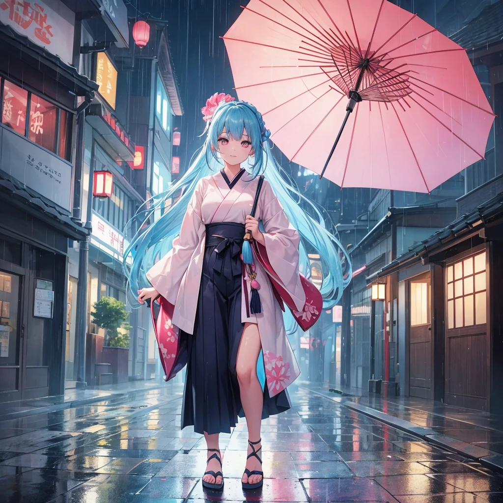 sky Blue hair, (braided ponytail),(pink eyes),fair skin ,(full body),(1 girl),smile,Straight Bangs,(masterpiece, best quality, ultra-detailed, best shadow), (detailed background), (beautiful detailed face), high contrast, (best illumination, an extremely delicate and beautiful), ((cinematic light)), colorful, hyper detail, dramatic light, intricate details,Walking in the rain with an umbrella,noon,colorful umbrella,bright,rain shower,kyoto,Japanese Umbrella,