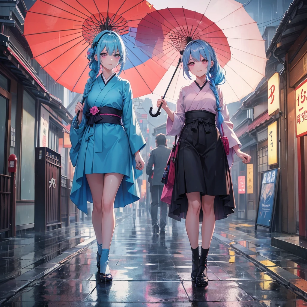 sky Blue hair, (braided ponytail),(pink eyes),fair skin ,(full body),(1 girl),smile,Straight Bangs,(masterpiece, best quality, ultra-detailed, best shadow), (detailed background), (beautiful detailed face), high contrast, (best illumination, an extremely delicate and beautiful), ((cinematic light)), colorful, hyper detail, dramatic light, intricate details,Walking in the rain with an umbrella,noon,colorful umbrella,bright,rain shower,kyoto,Japanese Umbrella,
