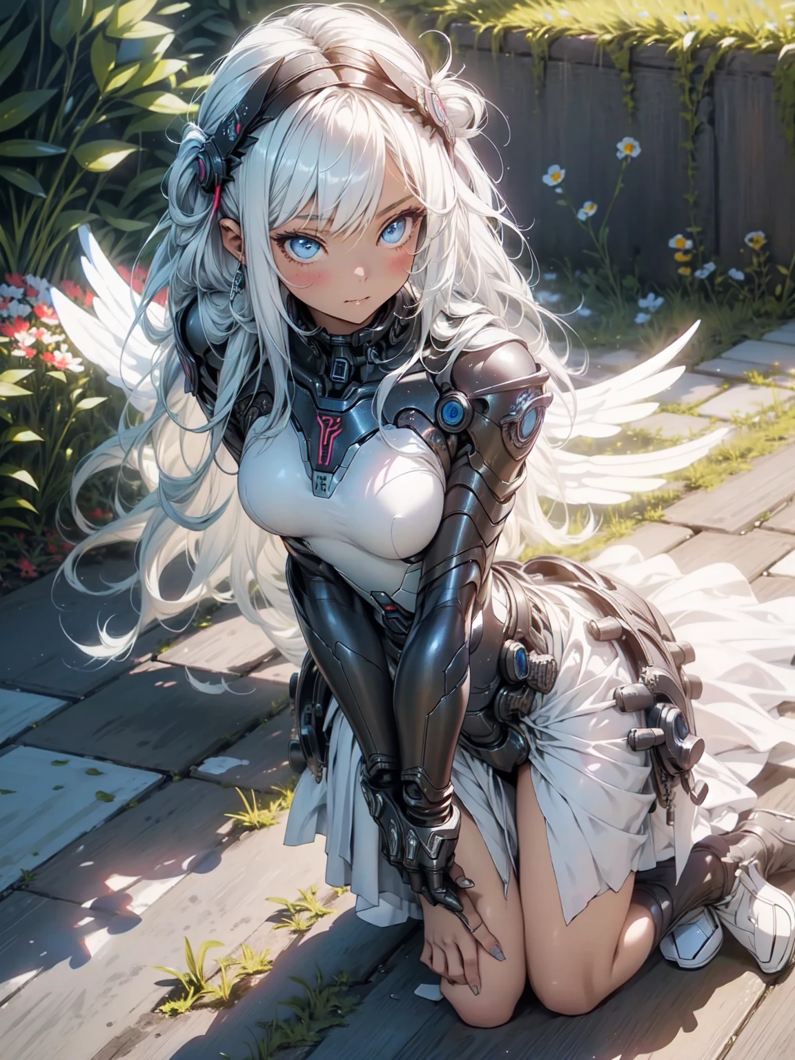 (Subtle manga style:1.1), Cool Beauty, (One Woman:1.0), (20-year-old:1.0), (Small breasts:1.2), Outdoor, Day, sunny, Outdoorで飛ぶ, Over European cities, (Wide Shot:1.0), (Written boundary depth:1.1), (~ ~ ~ ~ side:0.7), (From above:1.0), Blake、（Anime Face:1.0), (Clear blue eyes:1.0), (Cybernetic Genoid:1.1), (Very detailed mech suit:1.3), (White Gothic Breastplate:1.2), (Long silver hair:1.0), (White Luxury Wizard Dress Skirt:1.3), (Decorative embroidery:1.0), (Angel Wings:1.1), Mouth closed